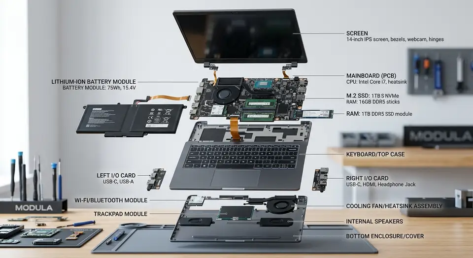 An exploded view of a modular laptop showing internal components like battery, mainboard, and screen