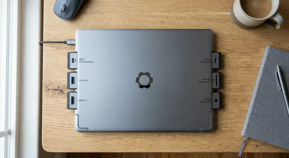Top down view of a thin modular laptop